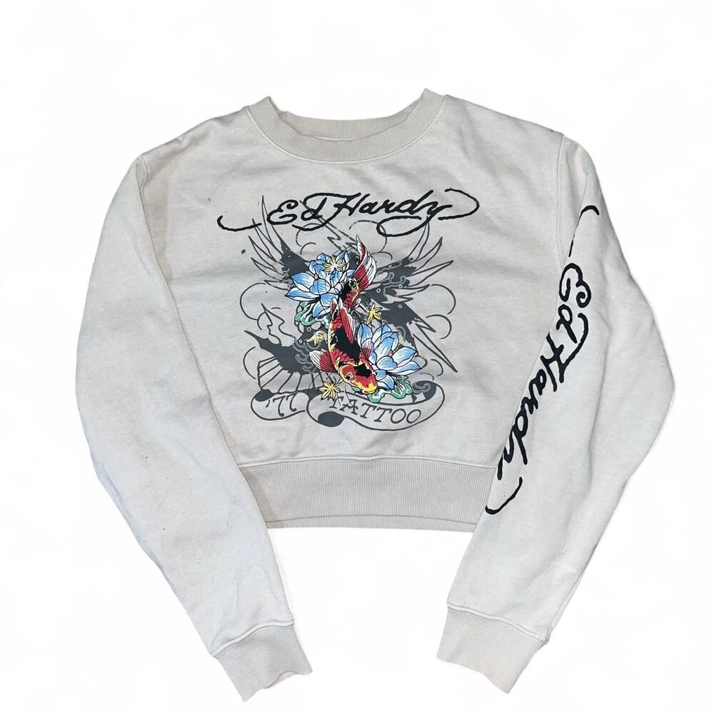 Ed Hardy Women's Beige Koi Cropped Sweatshirt SZ M